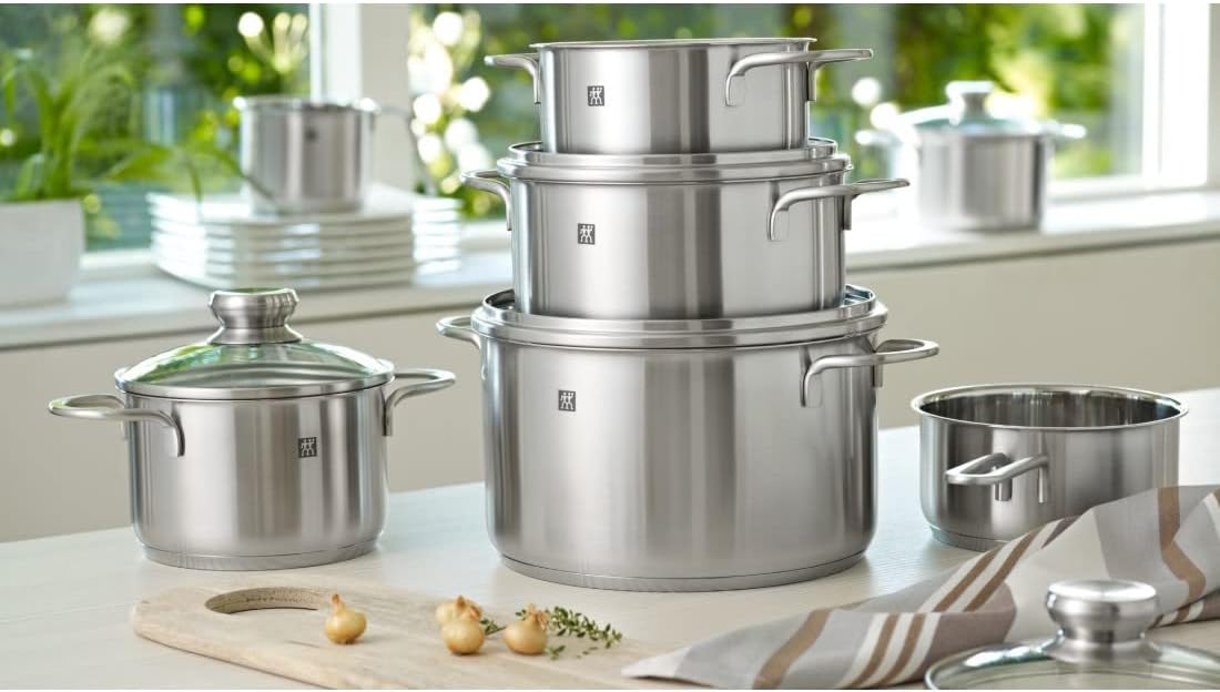 ZWILLING 5-delt køkkengrejsæt, 4 låg, egnet til induktion, rustfrit stål, passion, lys grå, diameter 16 cm, diameter 20 cm, diameter 24 cm, diameter 28 cm