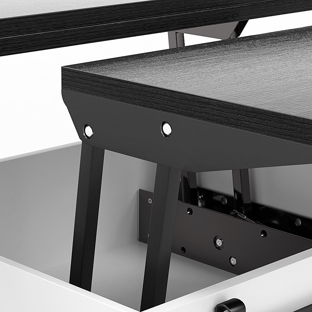 Table basse extensible VOWNER, plateau relevable, multifonctionnelle 3 en 1 avec rangement dissimulé - Salle à manger, convertible, style ferme, noyer