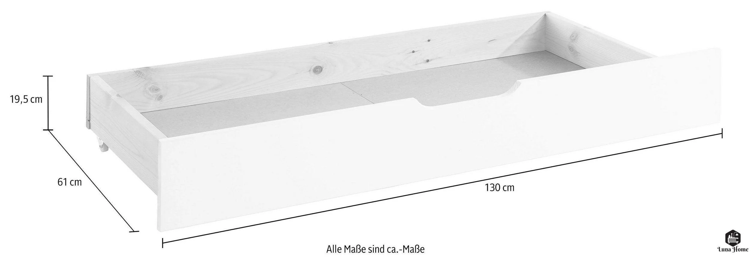Auz Bettschublade aus weißem Kiefernholz, 130 cm lang =