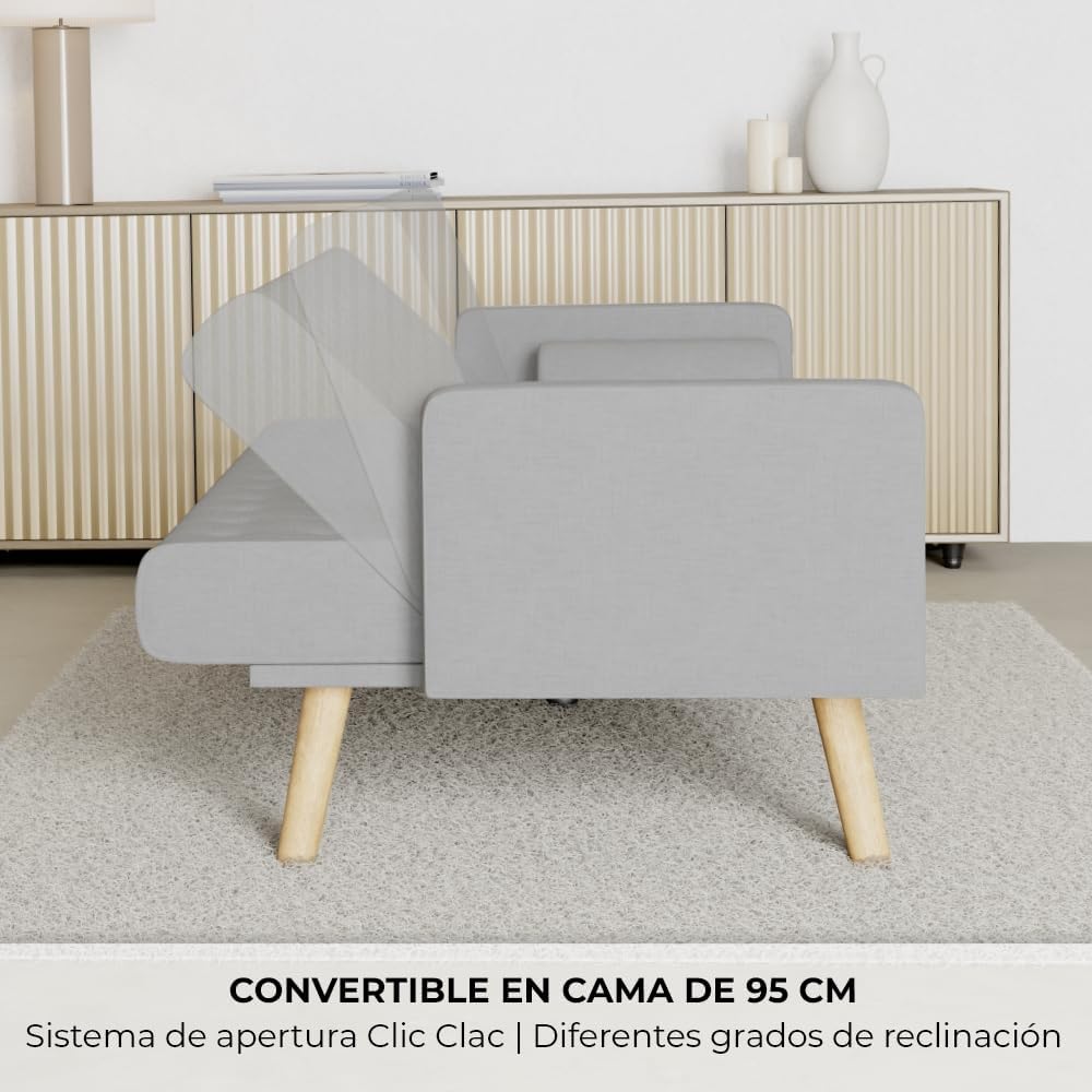 Nalui – 3-Sitzer-Schlafsofa, gepolstert, 203 x 82 x 78 cm, One Dots, mit 2 Kissen und Klick-Klack-Öffnungsmechanismus mit mehreren Liegepositionen. Chaiselongue-Schlafsofa mit Holzbeinen, umwandelbar in ein Doppelbett | Beige