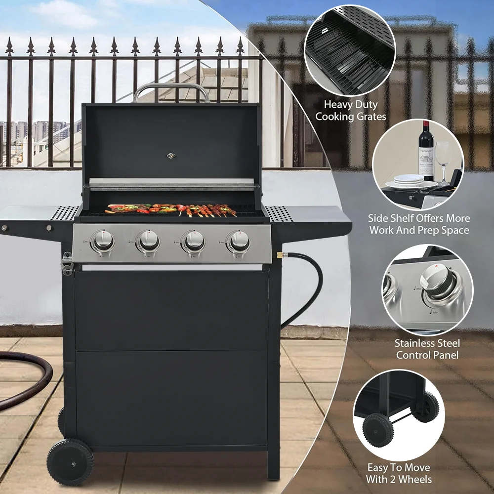 2025 SEGMART gasgrill i rustfrit stål med 4 brændere – 34.200 BTU. Have-/terrassegrill med to foldbare hylder og termometer. Ideel til camping og udendørs madlavning.