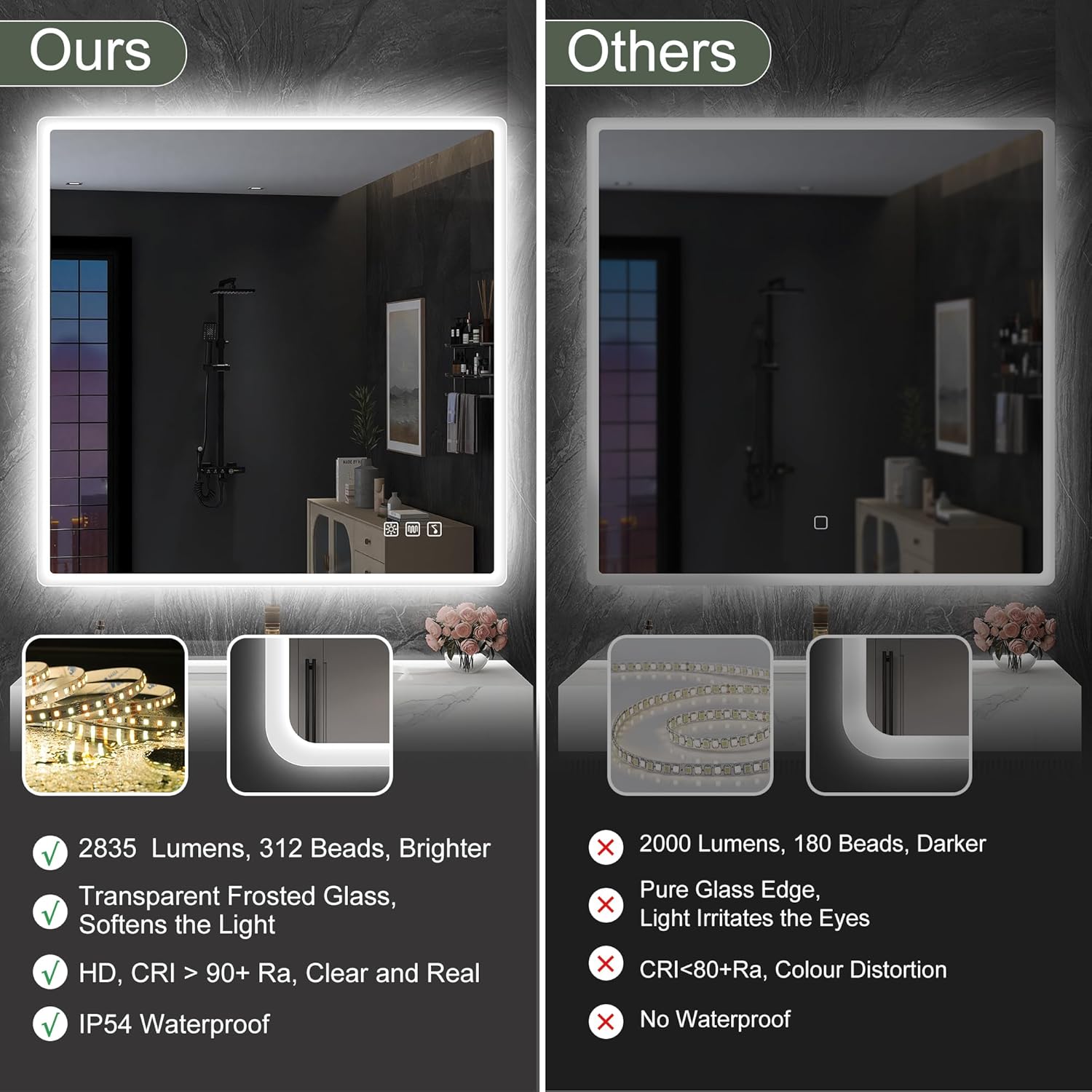 S'bagno badeværelsesspejl med lys 1200x700mm, IP44 - badeværelsesspejl med LED og Bluetooth, antidugfunktion / 3 lysfarver (3000K, 4000K, 6500K) / Dæmpbar / Memory, lodrette eller vandrette badeværelsesspejle med LED