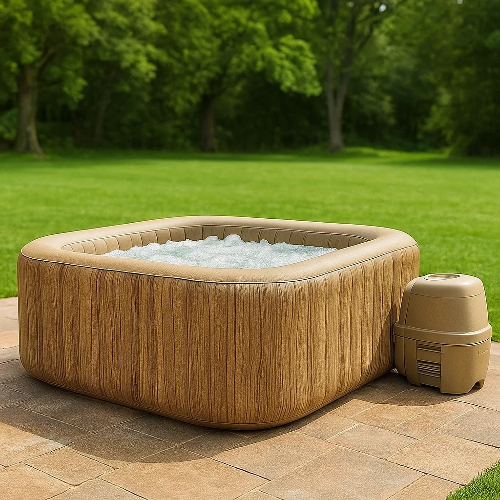 Spa gonflable carré pour 4 personnes, en PVC, coloris bois et beige, installation facile, 180 x 180 x 70 cm - 3FzgDmExaHRm