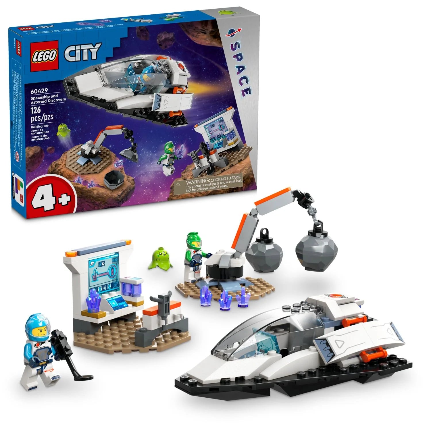 LEGO City rumskib og asteroideopdagelsesbyggesæt, gave til børn fra 4 år, der elsker fantasifuld leg, indeholder 2 minifigurer af rumbesætning, rumvæsen, krystaller og trane, 60429