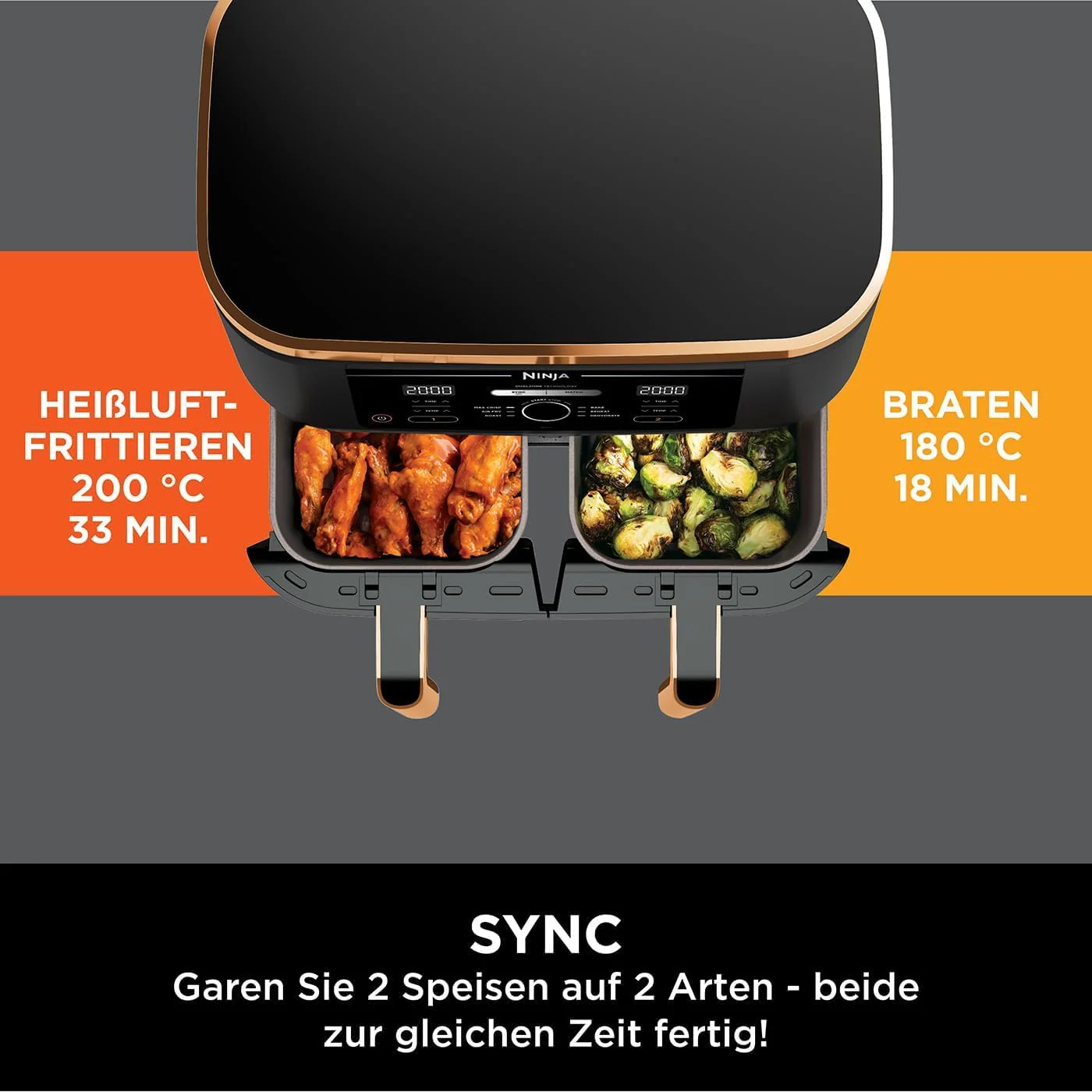 2025 Ninja Foodi MAX Dual Zone Airfryer. 9,5 L kobber/sort. AF400EUCP + Ninja StaySharp hvidt knivsæt. K62006EUWH + Ninja Foodi ZEROSTICK 28 cm stegepande i rustfrit stål. C60028EU