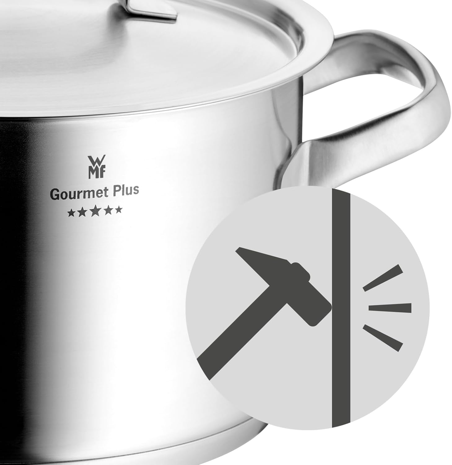 WMF Gourmet Plus - 5-teiliges Kochgeschirr-Set, Edelstahl, induktionsgeeignet, 1 flacher Bräter (20 cm), 3 hohe Bräter (16 cm, 20 cm und 24 cm), 1 Stielkasserolle (16 cm) mit 4 Edelstahldeckeln