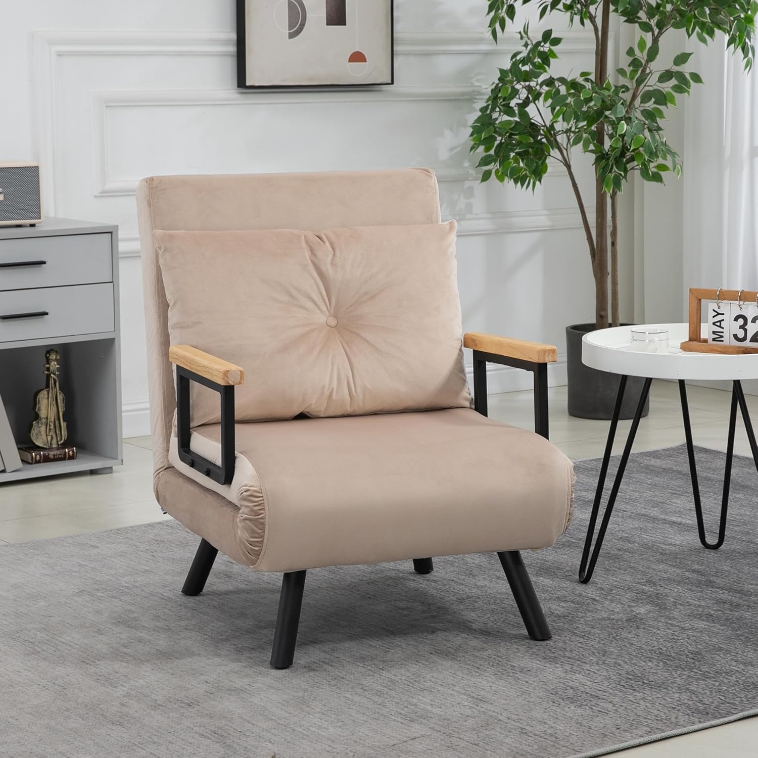 HOMCOM Schlafsofa, 2-Sitzer, Klappsofa, Samtbezug, 5-fach verstellbare Rückenlehne und gepolsterte Kissen, für Büro, Schlafzimmer, Wohnzimmer, 102 x 73 x 81 cm, Beige