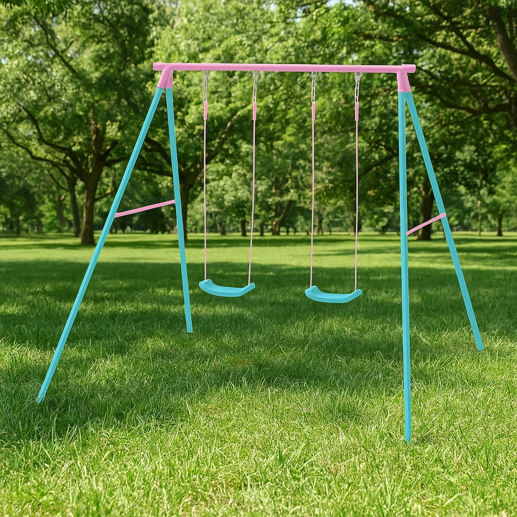 Balançoire enfant avec structure métallique bleue et rose pour jardin 200x120x220cm - brZnJtg186lK