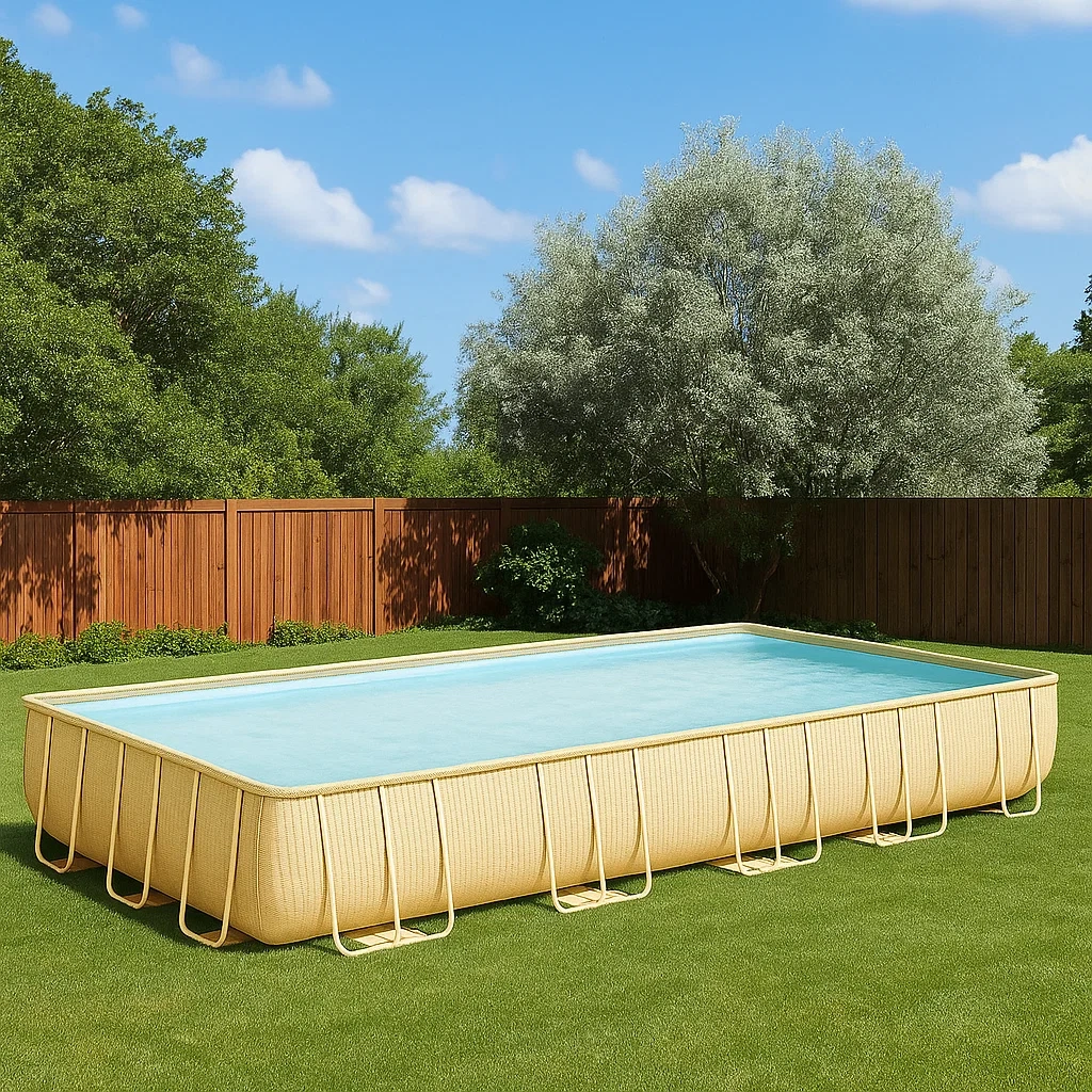 Piscine tubulaire rectangulaire, 16 000 litres, structure métallique, couleur beige, installation extérieure, dimensions 400 x 200 x 100 cm - cGwpHyfwyJO4