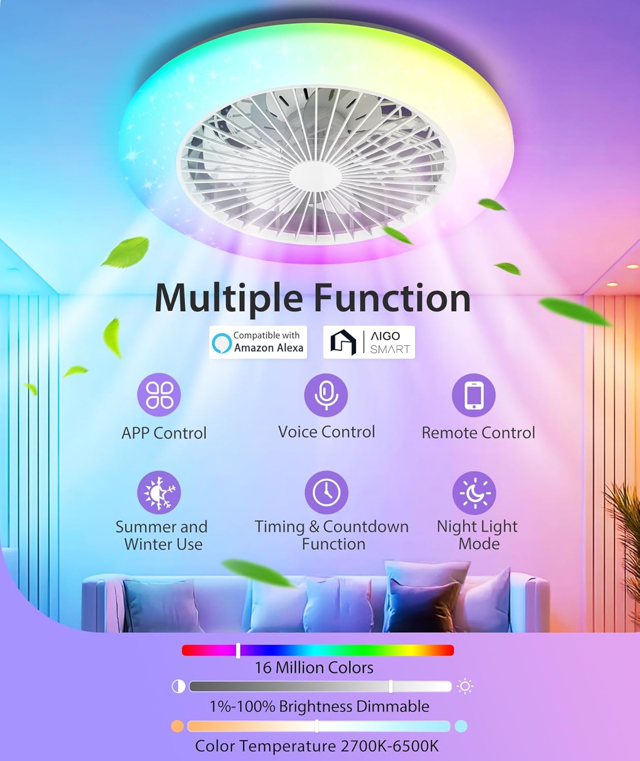 Aigostar - Ventilateur de plafond Alexa, lumière LED 40 W, 4 400 lm, 2 700 K-6 500 K et RGB à intensité variable, lampe de ventilateur de plafond intelligente avec télécommande et passerelle, silencieux, 6 vitesses, diamètre 50 cm, 2 unités