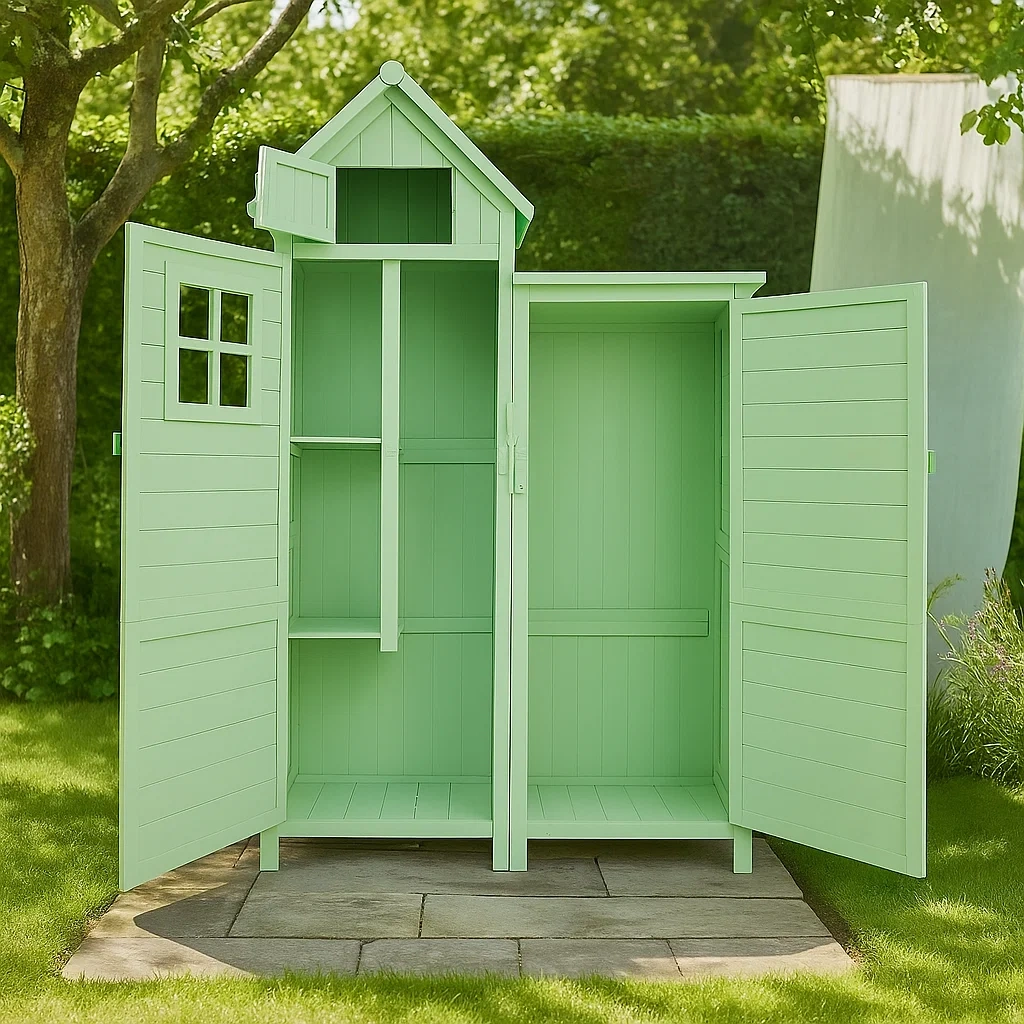 Abri de jardin en bois avec double porte et toit décoratif, vert, 1,68 m² - WfVYRzv145Wq