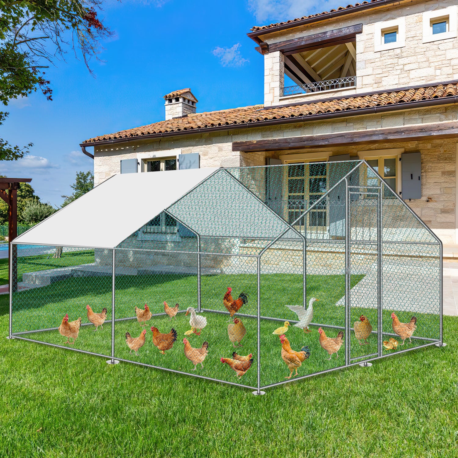 Sonnewelt 2025 Metall-Hühnerstall mit Markise, 3 x 3 x 2 m