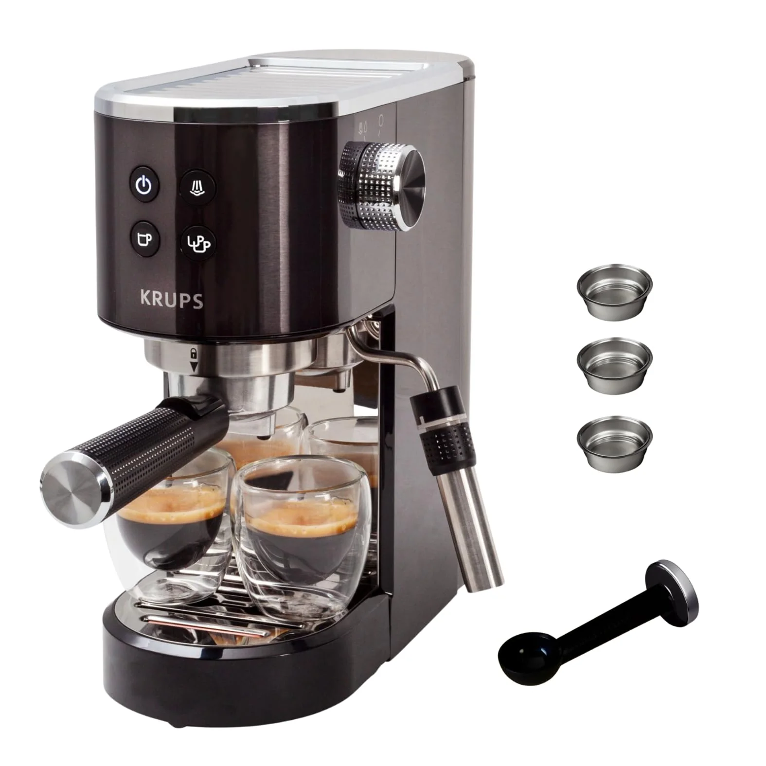 Machine à expresso Krups Virtuoso Essential - 15 bars. Acier inoxydable noir. Design compact et élégant. Arrêt automatique. Expresso et cappuccino. Thermobloc. Buse vapeur. Doseur inclus. XP4418