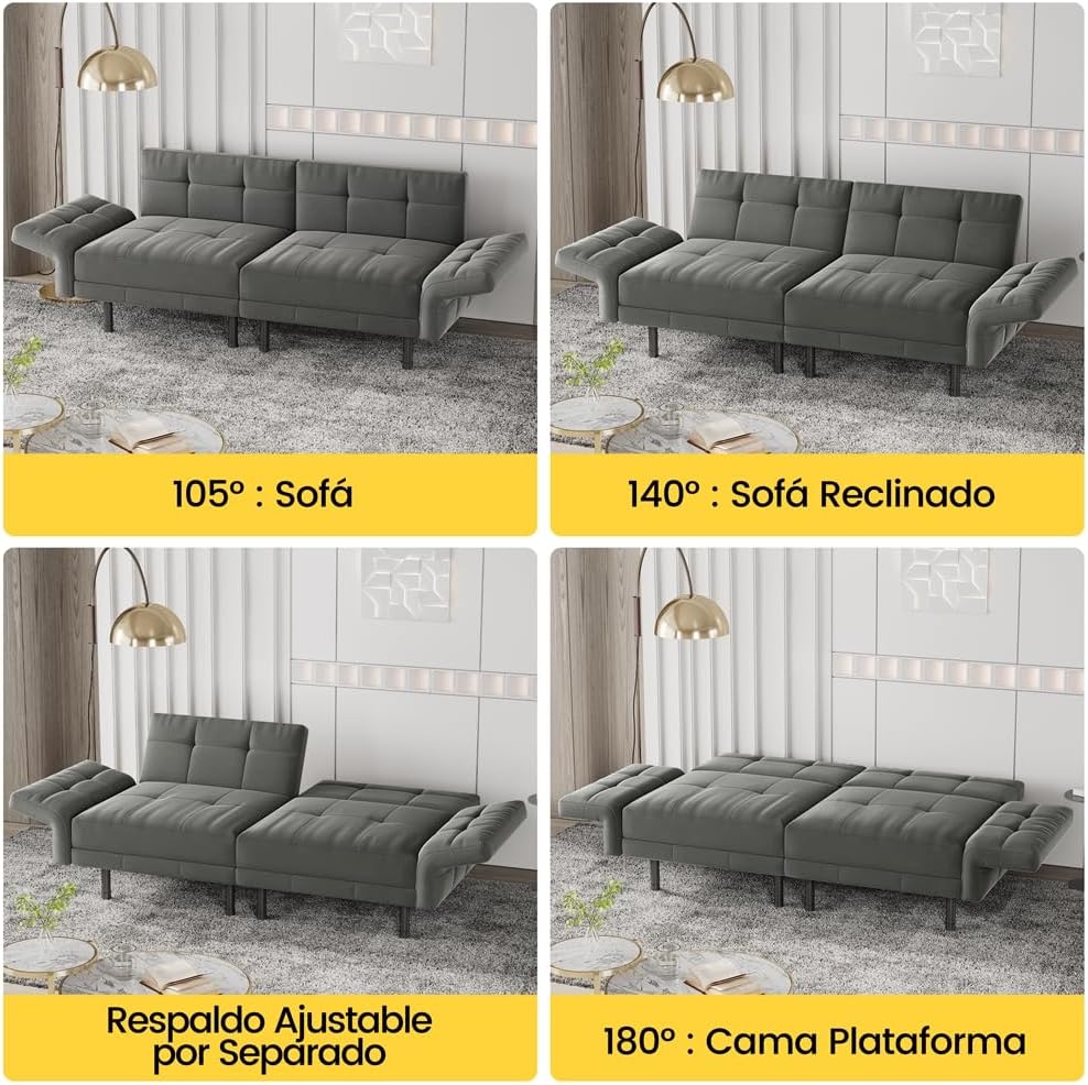 Yaheetech 2-personers fløjlssovesofa, konvertibel sofa 171x80x72cm med 4 puder, sofa med justerbare armlæn og ryglæn til stue, soveværelse og arbejdsværelse, grå