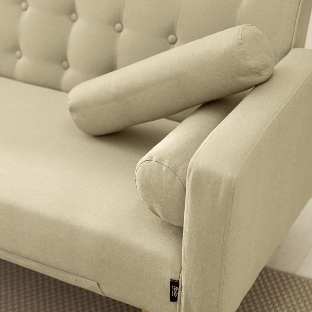 Nalui – 3-Sitzer-Schlafsofa, gepolstert, 203 x 82 x 78 cm, One Dots, mit 2 Kissen und Klick-Klack-Öffnungsmechanismus mit mehreren Liegepositionen. Chaiselongue-Schlafsofa mit Holzbeinen, umwandelbar in ein Doppelbett | Beige