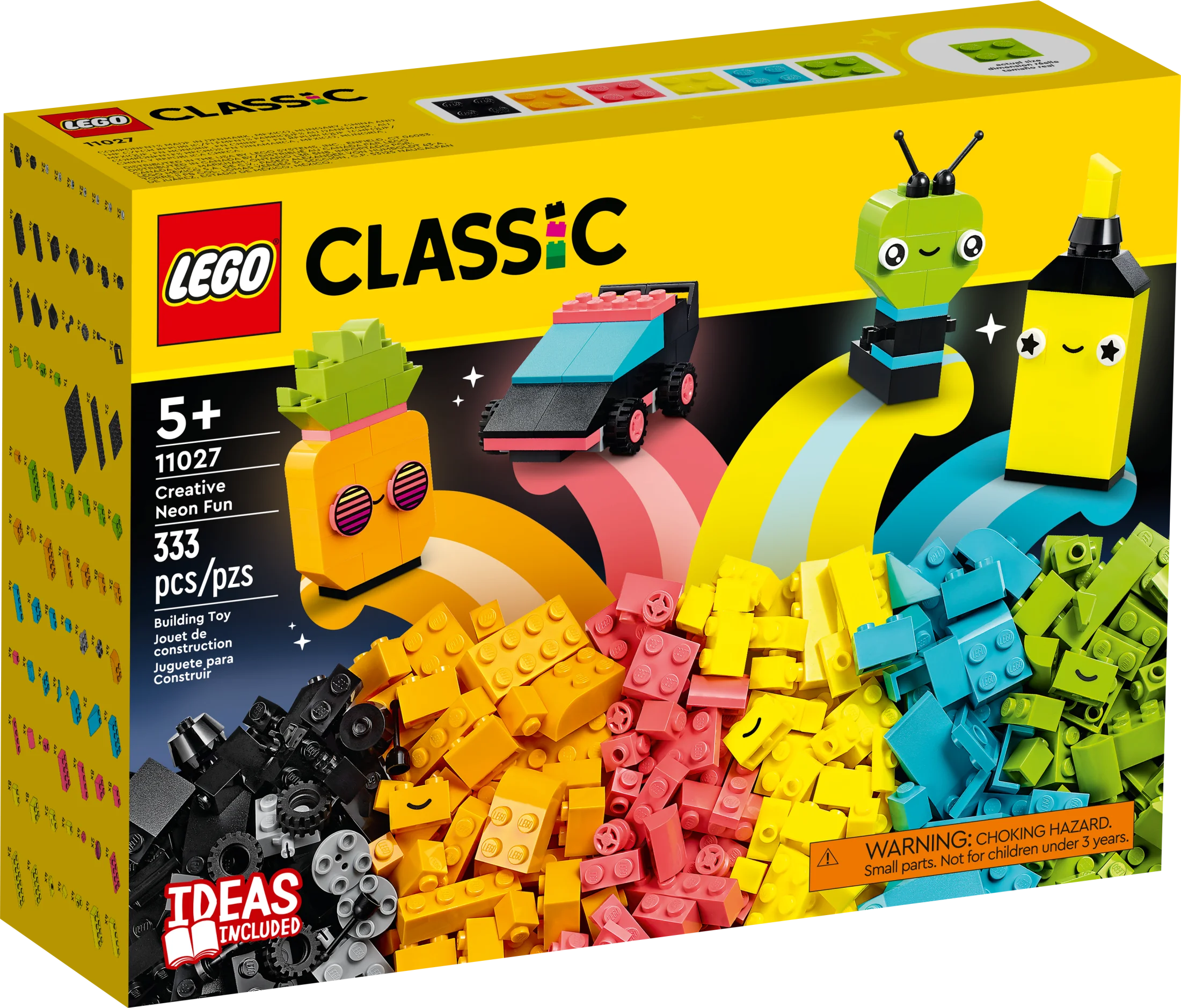 LEGO Classic Kreativ Klodsæske med Sjove Neonfarver 11027, Byggelegetøj til at lave en bil, ananas, rumvæsen, skøjter og flere idéer til drenge og piger fra 5 år