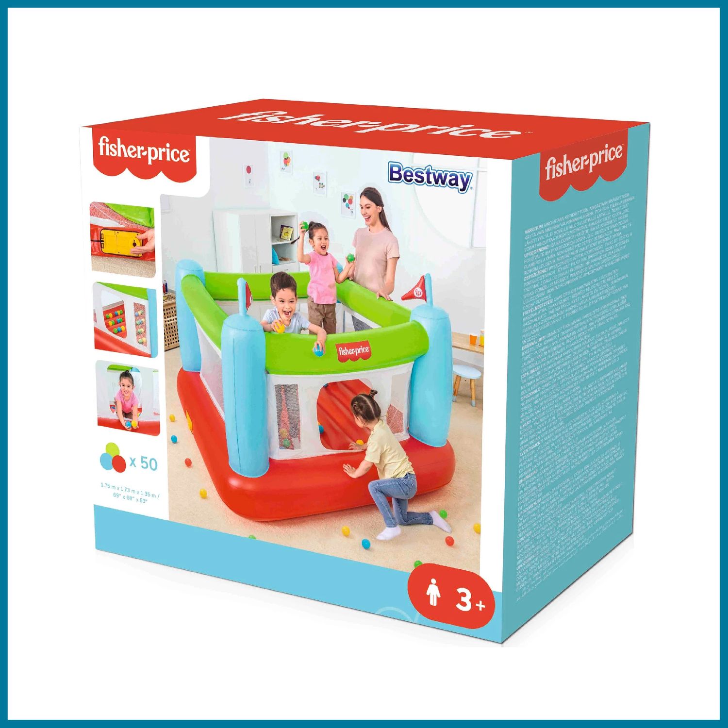 Bestway Bounce Sensational Hüpfburg mit 50 Spielbällen, 175 x 173 x 135 cm, mehrfarbig, mit Sicherheitsnetz