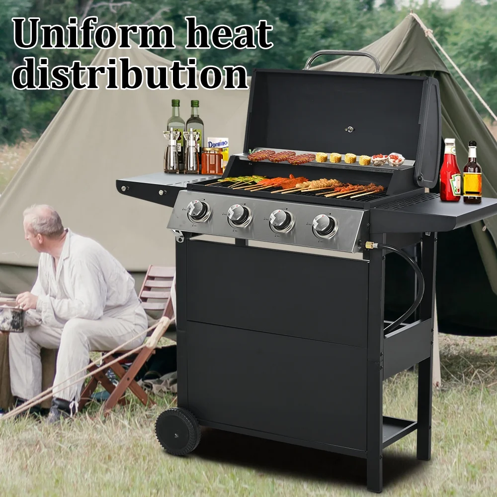 2025 SEGMART gasgrill i rustfrit stål med 4 brændere – 34.200 BTU. Have-/terrassegrill med to foldbare hylder og termometer. Ideel til camping og udendørs madlavning.