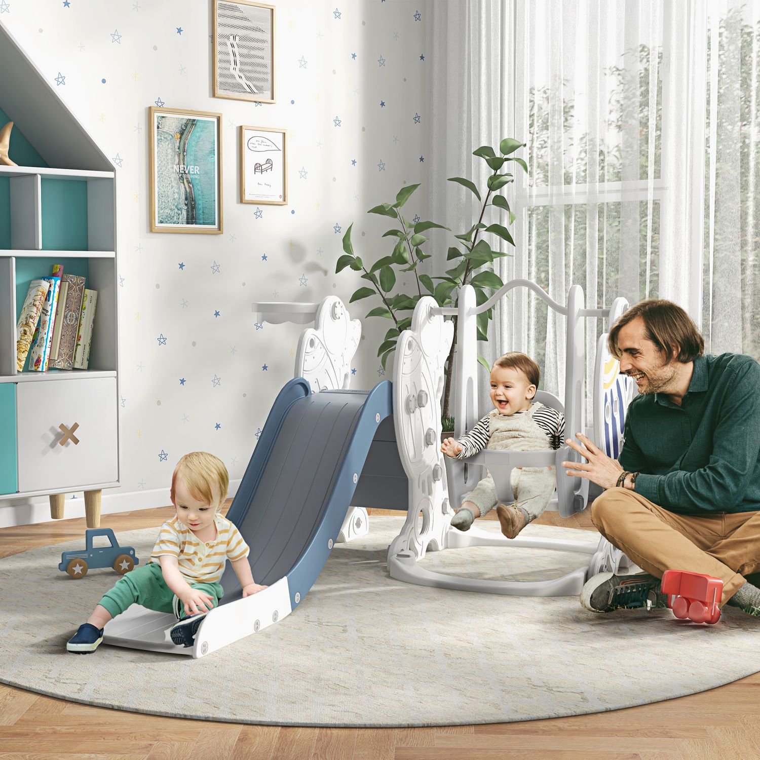 Aiyaplay 3-in-1 Weiß-Blaues Rutschen- und Schaukelset für Kinder