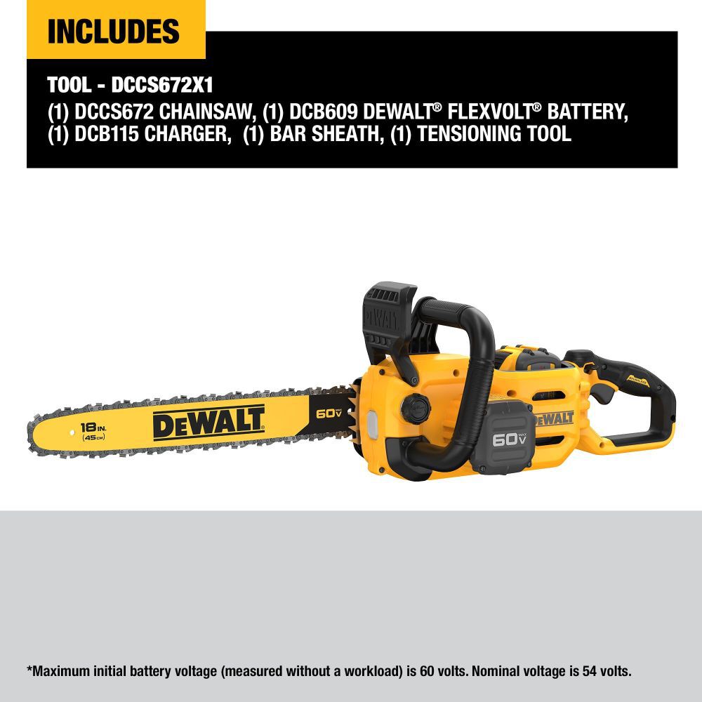 Tronçonneuse sans fil DEWALT 60V MAX. Guide de 45,7 cm (18 po). Moteur sans balais. Batterie incluse.