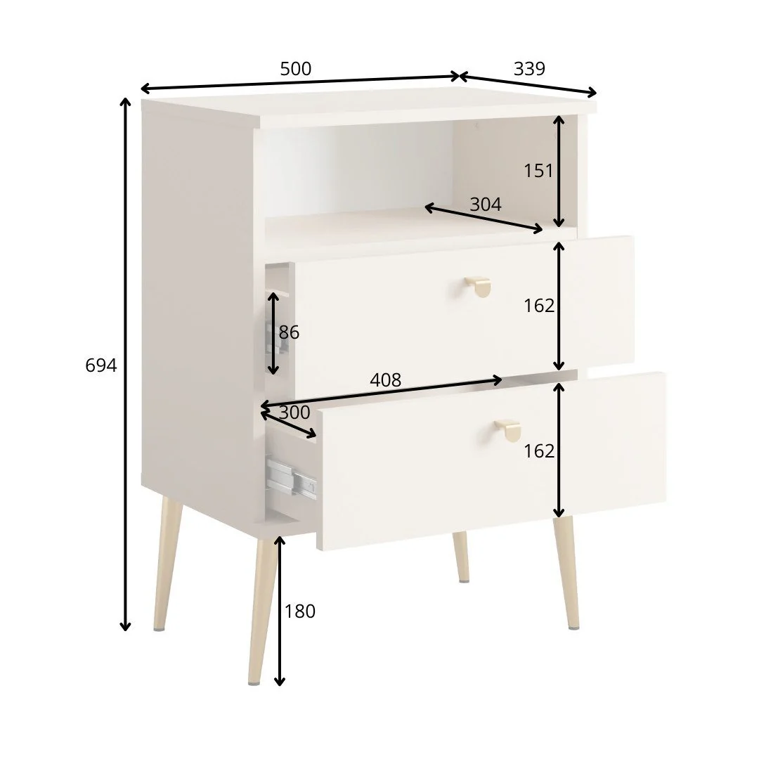 Table de chevet Elyria au design beige élégant, poignées en métal, 50 cm