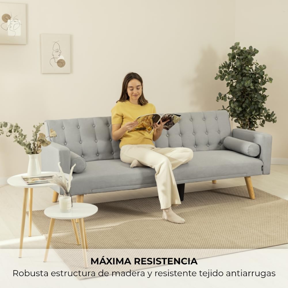 Nalui – 3-Sitzer-Schlafsofa, gepolstert, 203 x 82 x 78 cm, One Dots, mit 2 Kissen und Klick-Klack-Öffnungsmechanismus mit mehreren Liegepositionen. Chaiselongue-Schlafsofa mit Holzbeinen, umwandelbar in ein Doppelbett | Beige