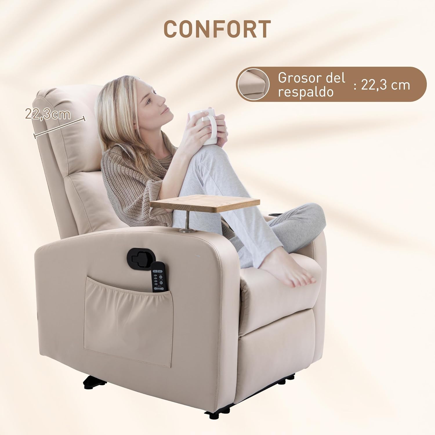 HOMCOM Massagesessel mit 8 Massagepunkten, elektrischer Verstellfunktion, Sofa mit 4 Liegepositionen (145°), Fernbedienung, Beistelltisch, 2 Seitentaschen und Getränkehalter, 77 x 93 x 105 cm, Beige