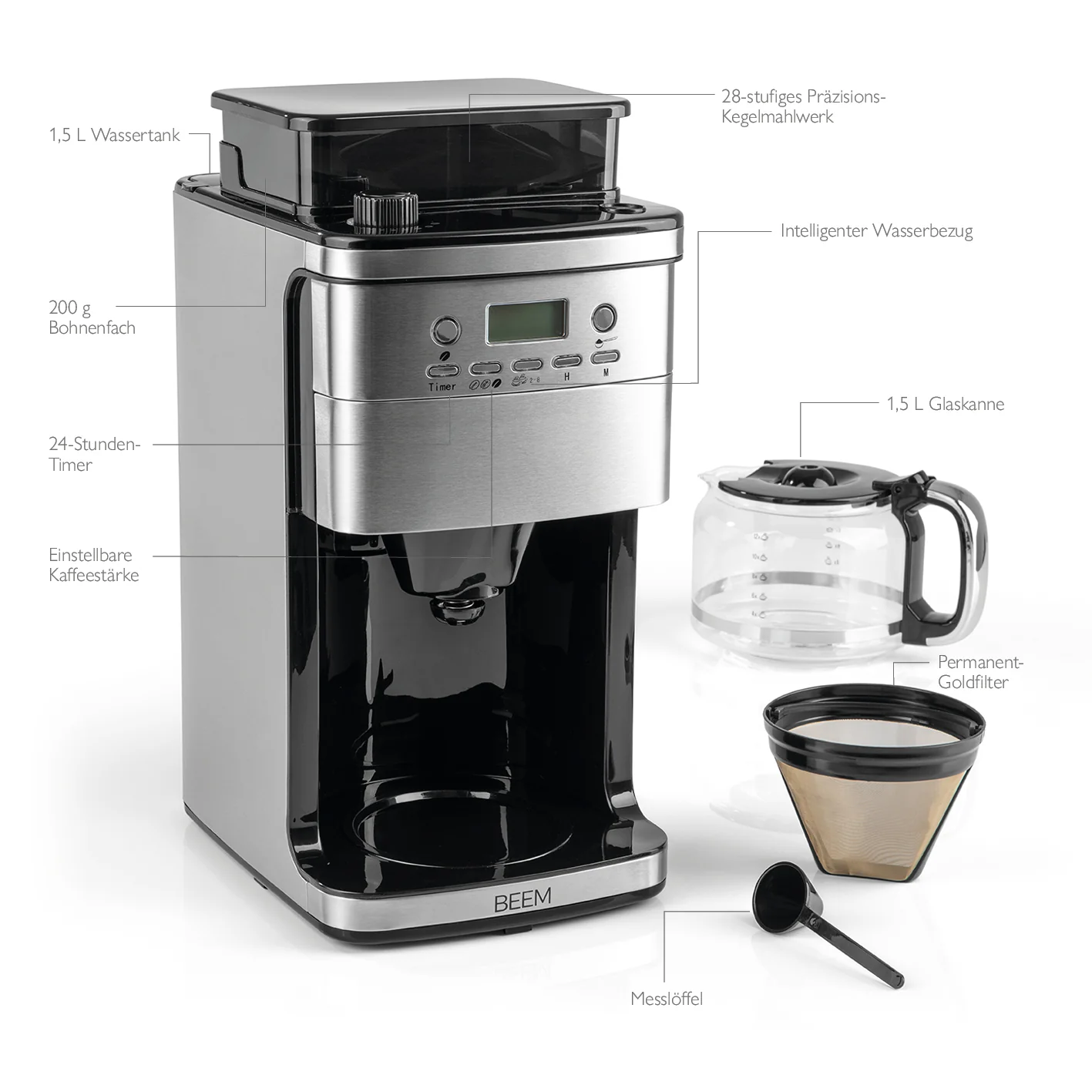 Cafetière à filtre supérieure 2025, FRAÎCHEUR, ARÔME PARFAIT, avec broyeur et carafe en verre