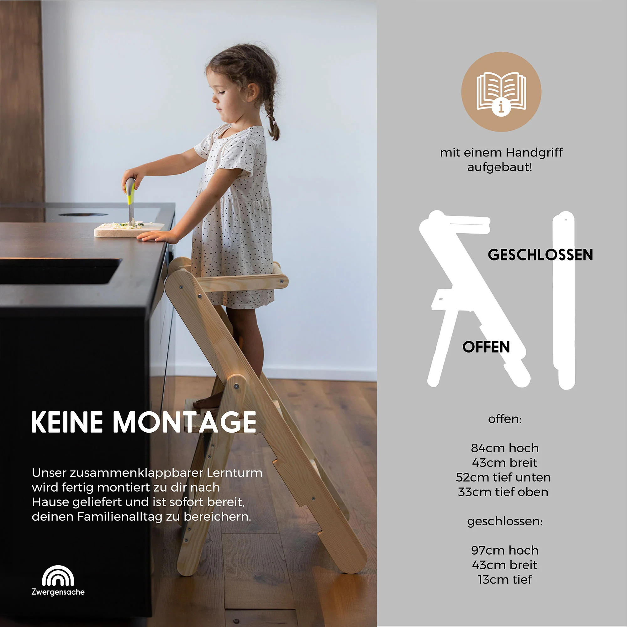 2025 Zwergensache massivt træ, foldbart observationstårn. Til børn fra 2 år.