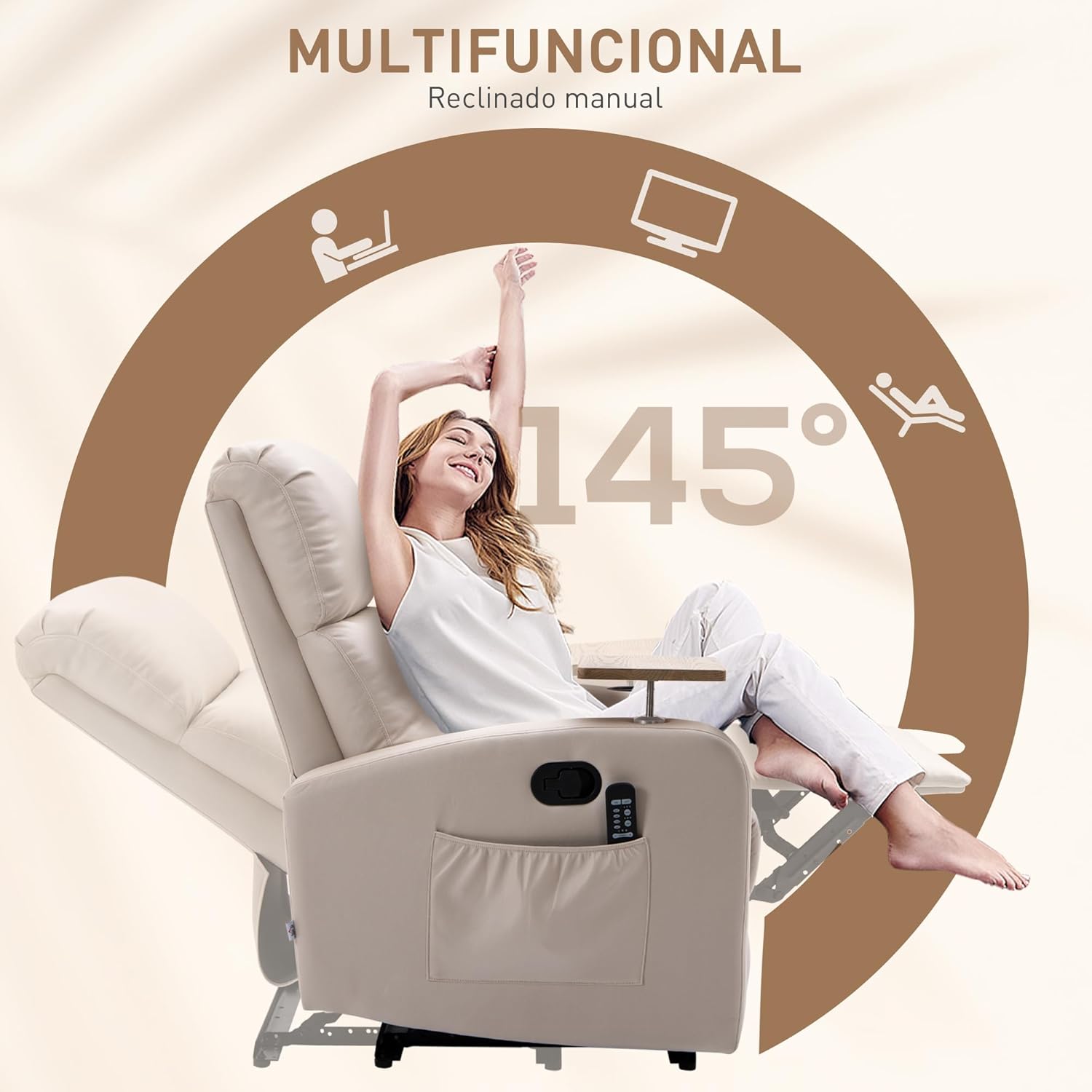HOMCOM Massagesessel mit 8 Massagepunkten, elektrischer Verstellfunktion, Sofa mit 4 Liegepositionen (145°), Fernbedienung, Beistelltisch, 2 Seitentaschen und Getränkehalter, 77 x 93 x 105 cm, Beige