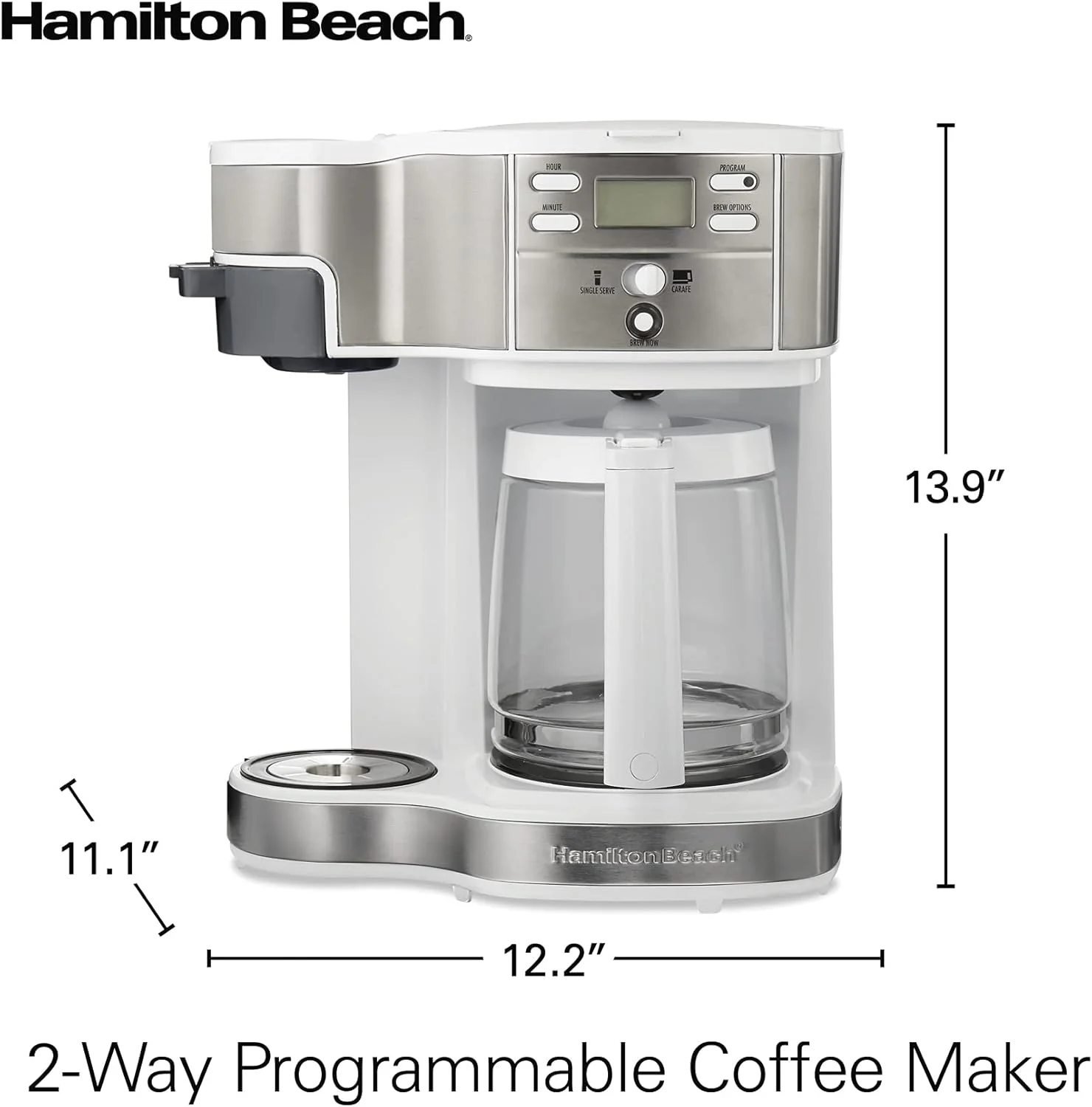 Cafetière à filtre programmable Hamilton Beach 2-en-1 (2025). Capacité : 12 tasses. Carafe en verre. Fonction pause et service automatiques. Couleur : Noir (49980R).