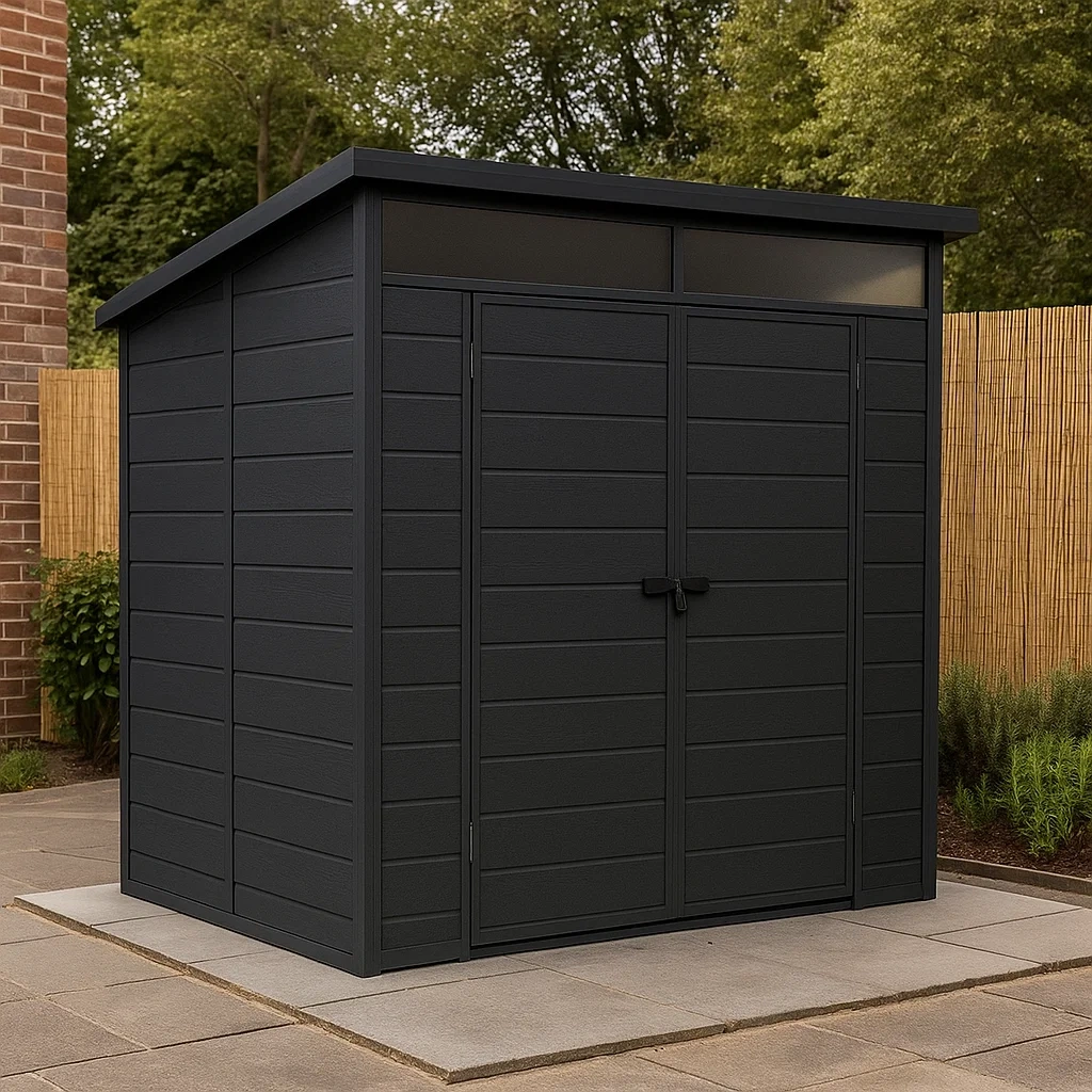 Abri de jardin en résine, forme rectangulaire, matériau : résine, couleur : noire, toit à une pente, autoportant, dimensions : 180 x 120 x 200 cm, pour le rangement de jardin - wX4eAgBe6tkL