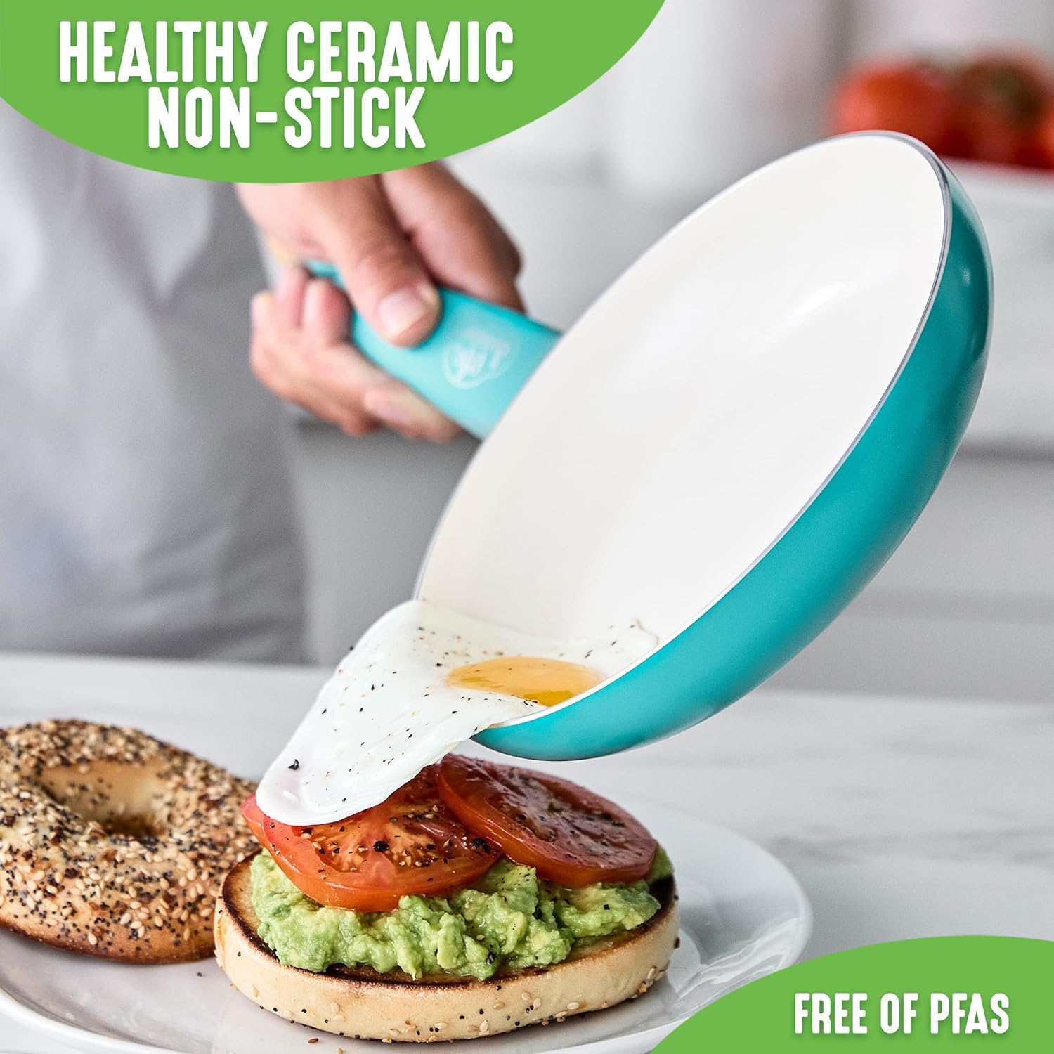 GreenLife Soft Grip 16-teiliges Antihaft-Keramik-Kochgeschirr-Set, bestehend aus Bratpfanne, Stielkasserolle und Topf, PFAS-frei, spülmaschinenfest, ofenfest, türkis
