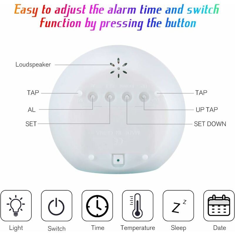 Digitalt vækkeur til børn, 7 farver, børnevækkeur med lampe og kalender og termometer, kreativt rundt vækkeur med LED-natlys til børn og babyer (farve)