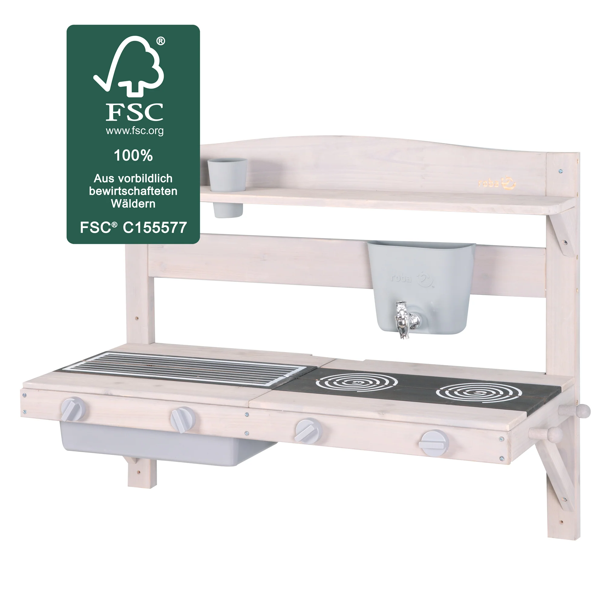 Hängende Spielküche und Tontopf – FSC-zertifiziertes Holz – gravierte graue Oberfläche