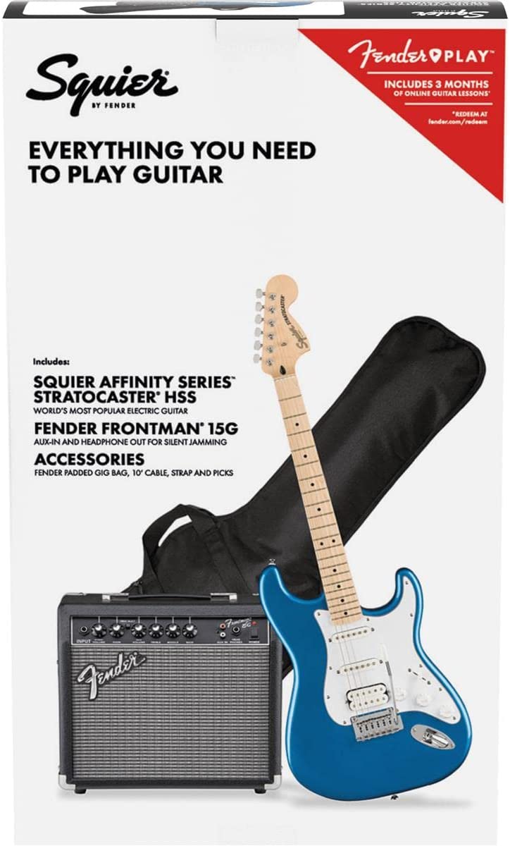 Pack Stratocaster Squier by Fender Affinity Series, HSS, touche en érable, bleu Lake Placid