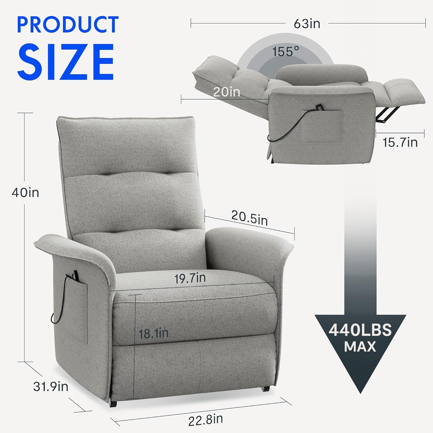 FLEXISPOT Elektrischer Relaxsessel mit verstellbarer Rückenlehne, Neigungswinkel 105° bis 155°, ergonomischer Relaxsessel für Schlafzimmer, Wohnzimmer und Heimkino (Dunkelgrau)