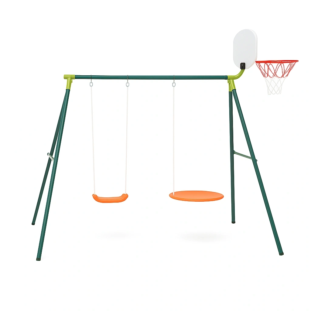 Balançoire avec panier de basket et deux sièges, orange/vert, pour l