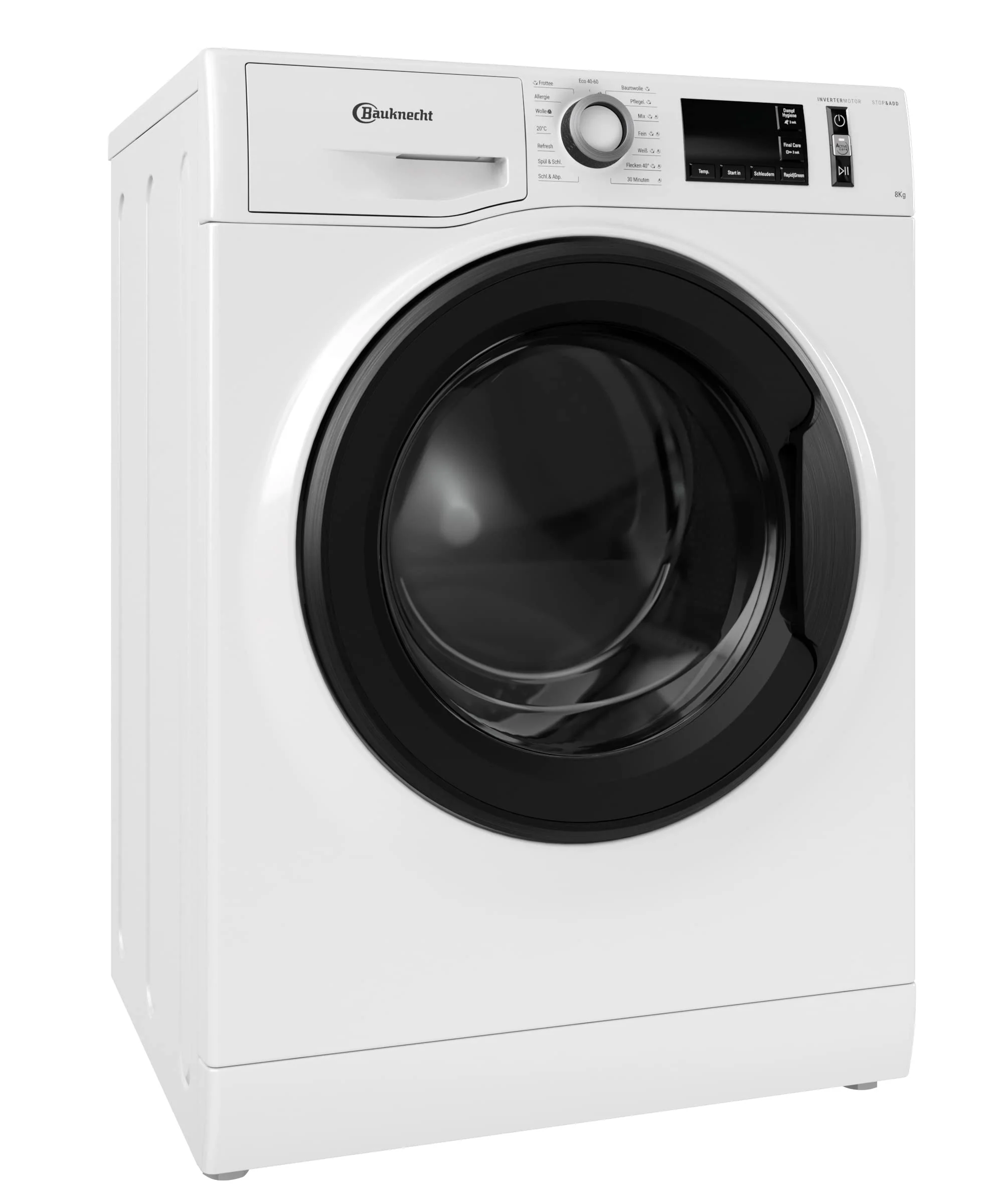 Lave-linge frontal Bauknecht W Active 8A (2025) / 8 kg / Élimination puissante des taches / Programmes vapeur / Option hygiène vapeur / Classe énergétique A / Fonction Stop&Add / Moteur ProSilent. Blanc