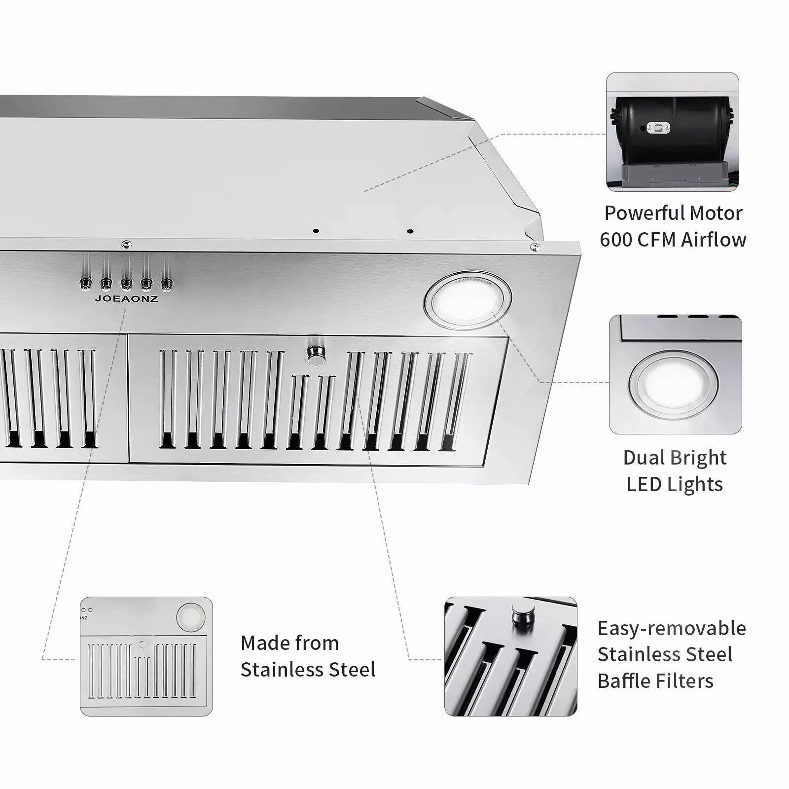 Zomagas 30-tommer indbygget emhætte i rustfrit stål, 600 CFM, med LED-belysning