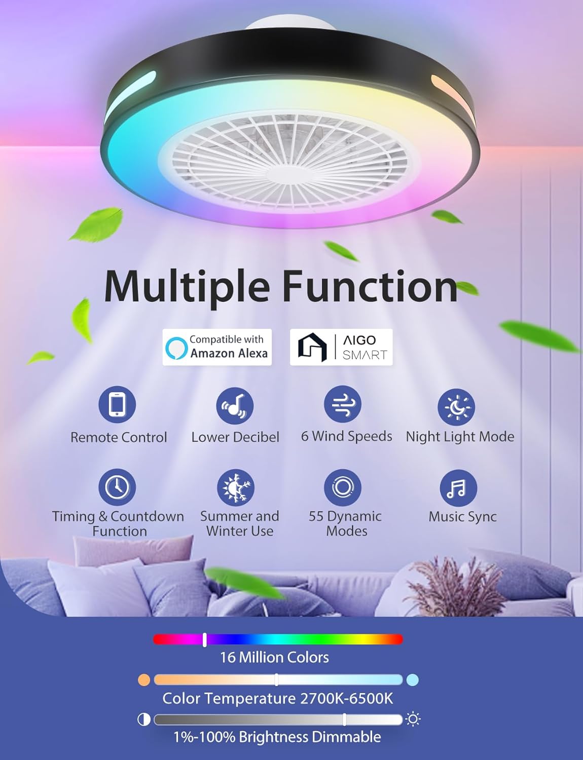 Aigostar - Ventilateur de plafond Alexa, lumière LED 40 W, 4 400 lm, 2 700 K-6 500 K et RGB à intensité variable, lampe de ventilateur de plafond intelligente avec télécommande et passerelle, silencieux, 6 vitesses, diamètre 50 cm, 2 unités