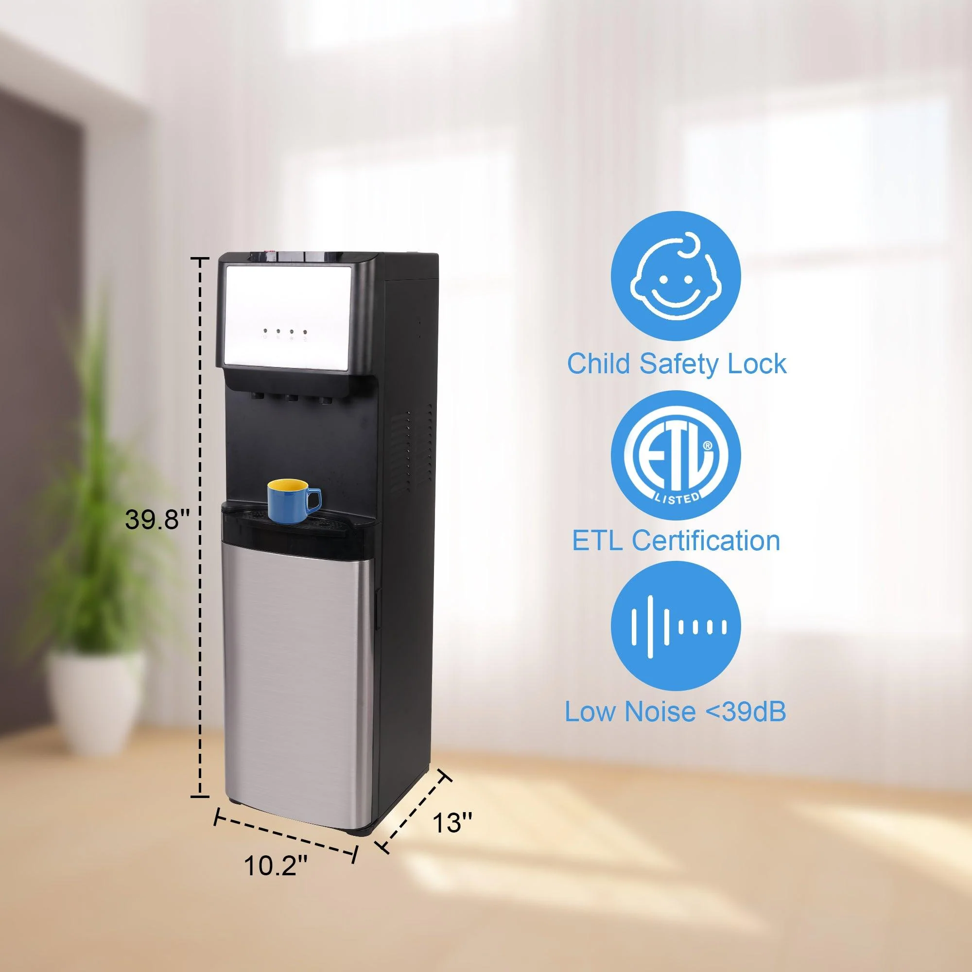 2025 5-Gallonen-Wasserspender mit Bodenbefüllung – 3 Temperaturstufen mit Kindersicherung – Schwarz