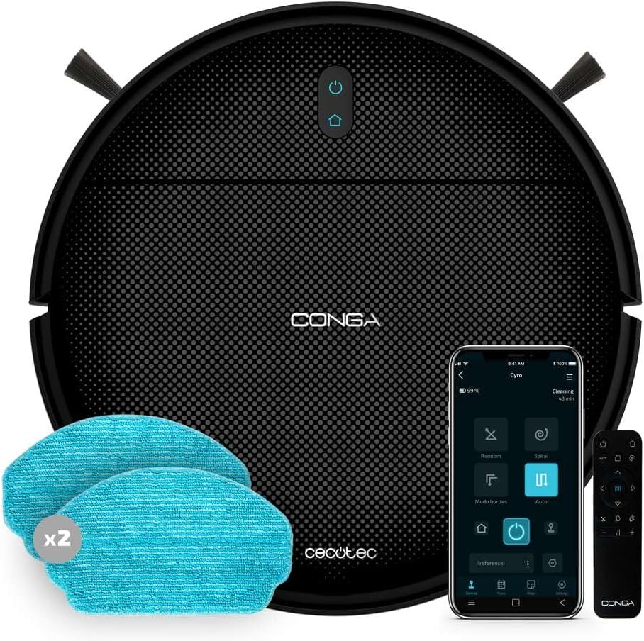 Aspirateur robot Cecotec Conga 999 Map X-Treme avec navigation gyroscopique. Moteur d'aspiration 2000 Pa, 2 brosses latérales, 2 serpillères, autonomie de 120 minutes, application et télécommande.