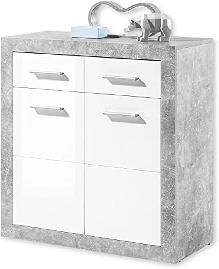 STONE Große Vitrine mit Betonoptik und hochglänzendem Weiß, moderne Vitrine mit LED-Beleuchtung und viel Stauraum, 92 x 194 x 37 cm (B x H x T)