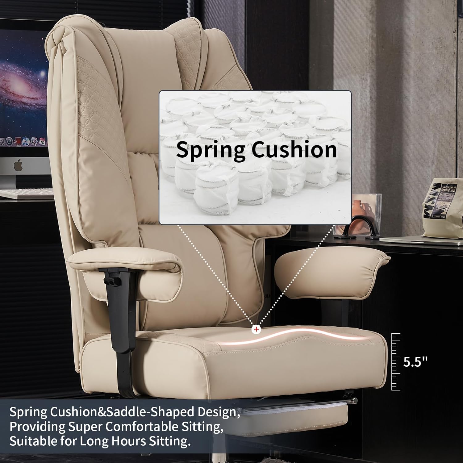 Hoher und breiter Bürostuhl für 181 kg, Chefsessel aus Leder mit hoher Rückenlehne und Fußstütze, ergonomischer Stuhl mit Lendenwirbelstütze zur Linderung von Rückenschmerzen (Beige)