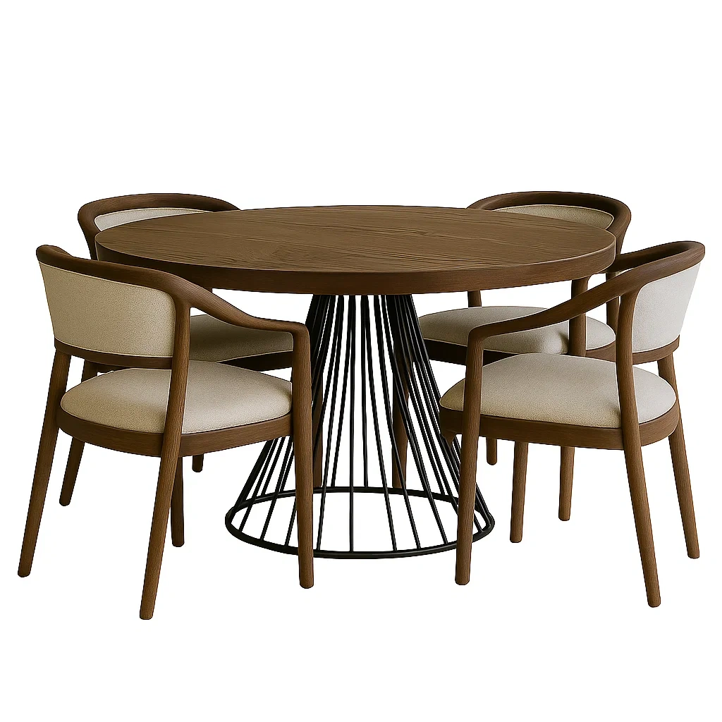 Ensemble de salle à manger 4 places, bois et métal, marron et beige, rond, avec chaises rembourrées, diamètre 120 x 75 cm, salle à manger - R4dmUIsdOpka