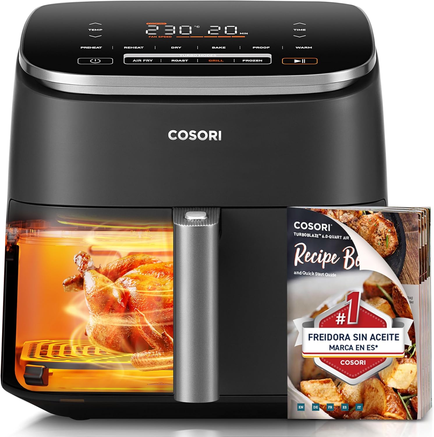 Cosori Turbo Blaze 6L Airfryer, Indvendigt metal, Eksklusiv DC-motor, 46% hurtigere, Temperatur 30°C til 230°C, Ideel til stegning af kød, Komplette madlavningsprogrammer, Stille 27dB