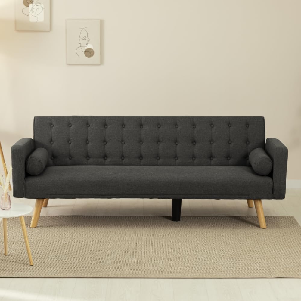 Nalui – 3-Sitzer-Schlafsofa, gepolstert, 203 x 82 x 78 cm, One Dots, mit 2 Kissen und Klick-Klack-Öffnungsmechanismus mit mehreren Liegepositionen. Chaiselongue-Schlafsofa mit Holzbeinen, umwandelbar in ein Doppelbett | Beige