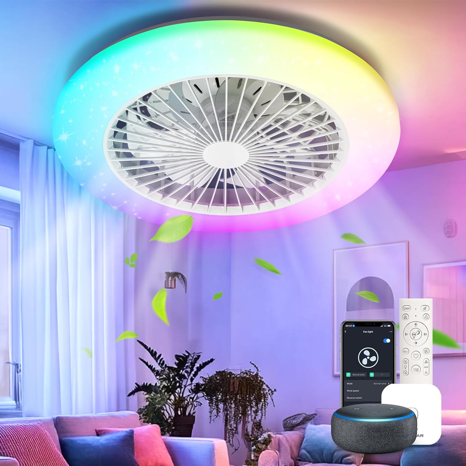 Aigostar - Ventilateur de plafond Alexa, lumière LED 40 W, 4 400 lm, 2 700 K-6 500 K et RGB à intensité variable, lampe de ventilateur de plafond intelligente avec télécommande et passerelle, silencieux, 6 vitesses, diamètre 50 cm, 2 unités