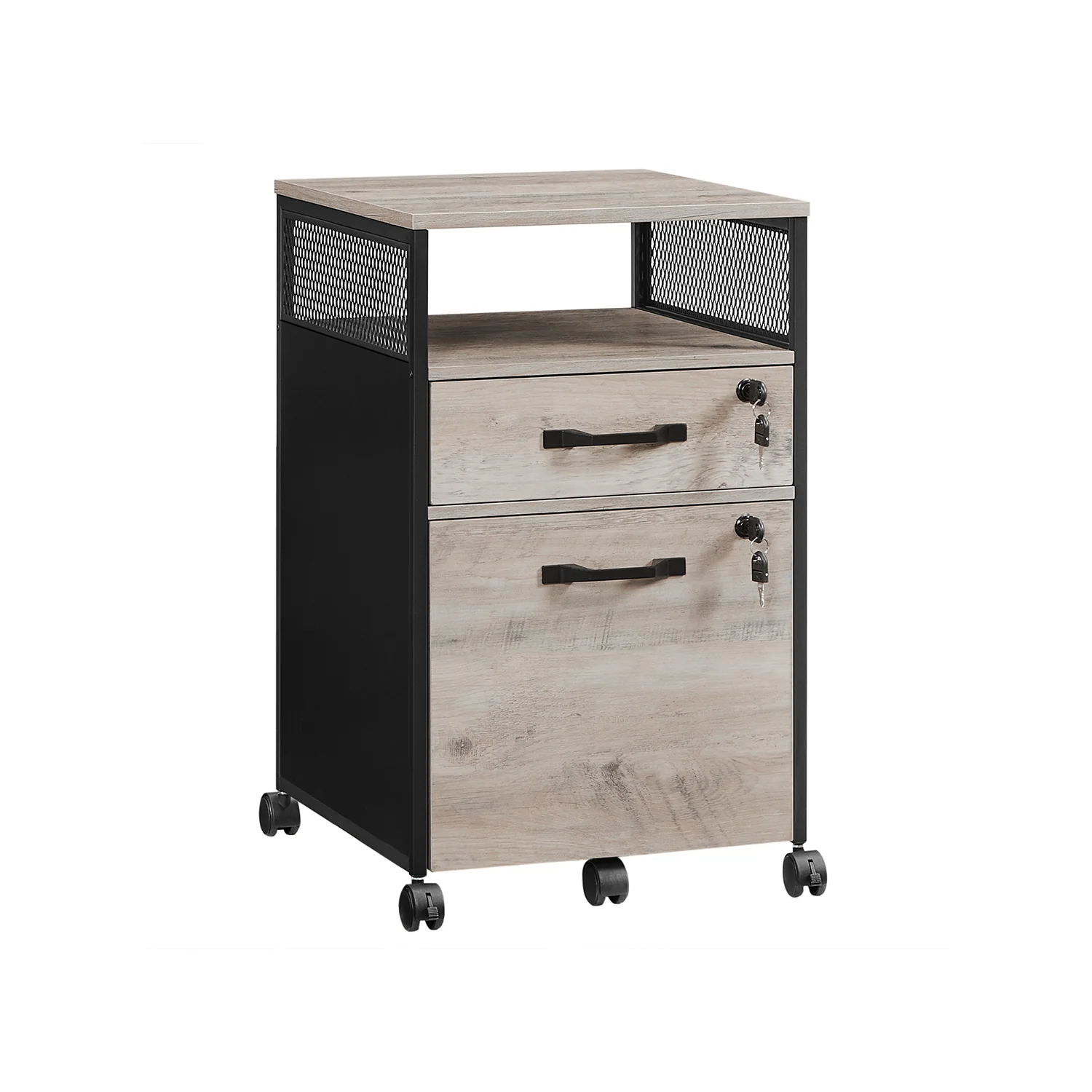 Kontorarkivskab med aflåselige skuffer og hjul, åben hylde